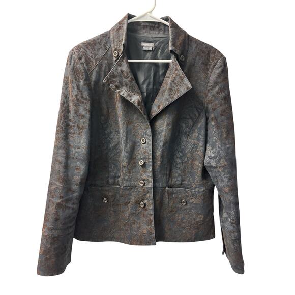 Anthracite Black with Brown Flocked Floral Scroll Burnout Jacket, Size 16 - Picture 1 of 6